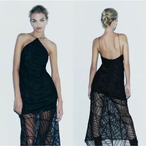 Black Halter Sheer Panel Spiderweb Maxi Dress, XS